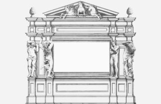 Lámina Modelo Atlantes: arquitectura renacentista con atlantes escultóricos y frontón triangular, tonos grises y blancos