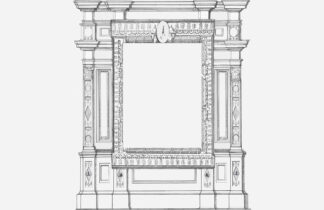 Lámina Modelo Freedom con marco arquitectónico de columnas y frontón clásico, diseño en blanco y negro