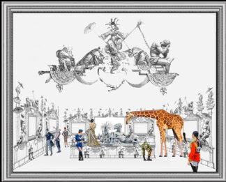 Bajo plato con jirafa en salón palaciego grabado, figuras cortesanas y militares, estilo Ignacio Goitia