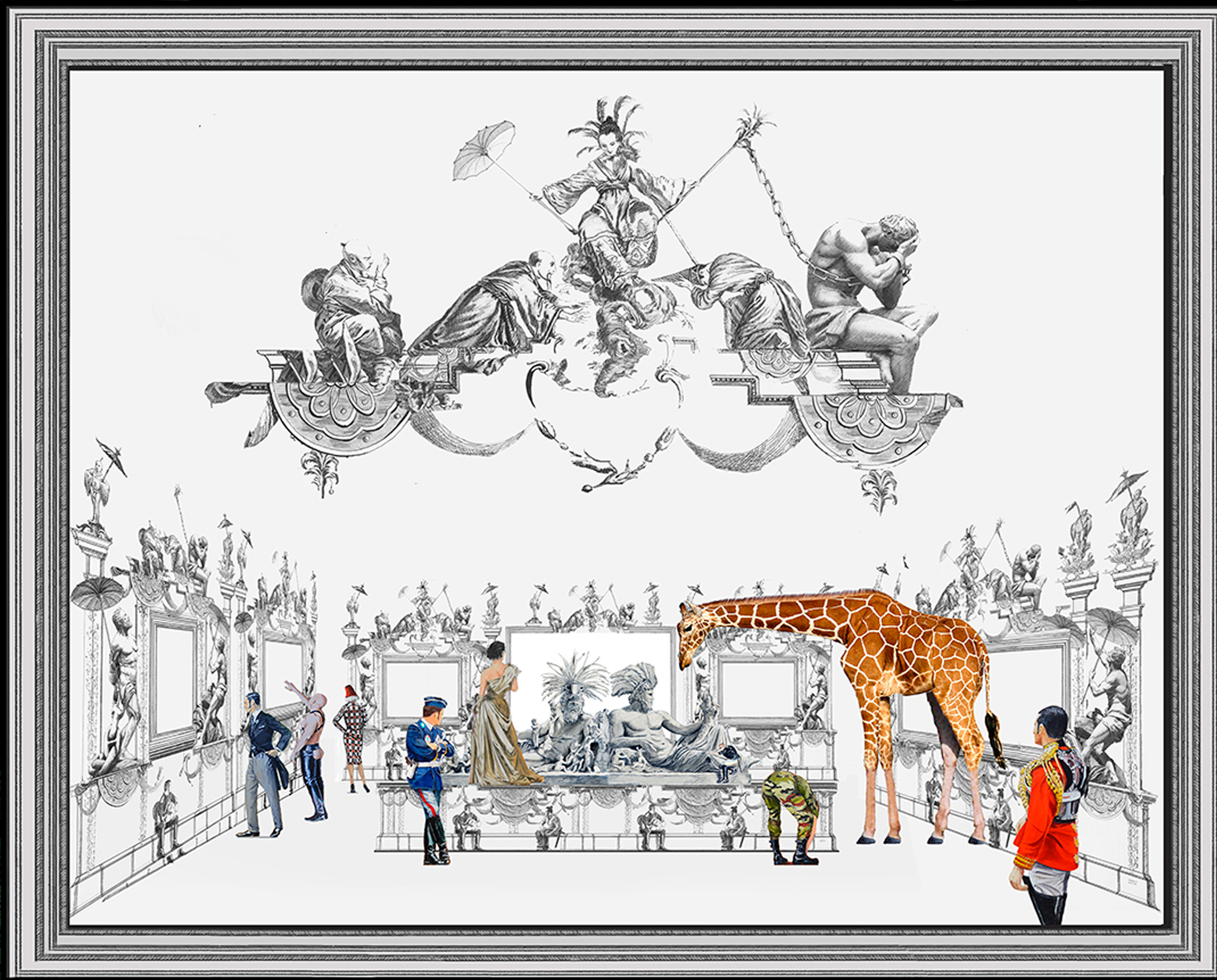 Bajo plato con jirafa en salón palaciego grabado, figuras cortesanas y militares, estilo Ignacio Goitia