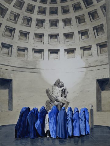Cuadro de figuras con velos azules ante escultura clásica en rotonda de la Gliptoteca de Múnich