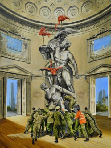 Flamencos y soldados en rotonda clásica con estatuas, tonos dorados y verde militar, estilo goitiesco