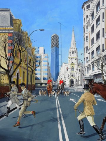 Jinetes con casacas rojas, sabuesos y caballero huyendo en avenida con rascacielos y catedral gótica